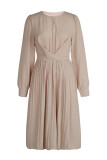 Elegant Solid Color Ruched Zipper O Neck A Line Dresses