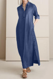 Casual Solid Color Distressed Pocket Slit Turndown Collar Long Dresses