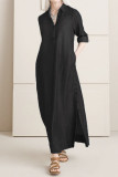 Casual Solid Color Distressed Pocket Slit Turndown Collar Long Dresses