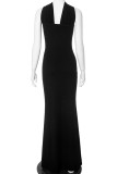 Sexy Solid Color Patchwork Halter Long Dresses