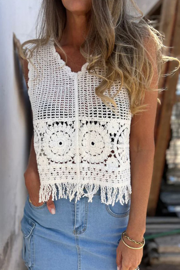 Sexy Solid Color Tassel V Neck Tops