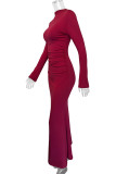 Elegant Solid Color Ruched O Neck Long Dresses