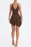 Sexy Solid Color Lace Up Backless Irregular Halter Irregular Dresses