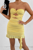 Sexy Solid Color Hollow Out Ruched Flounce Strapless Wrapped Skirt Dresses