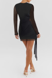 Sexy Solid Color Hollow Out Mesh O Neck Wrapped Skirt Dresses