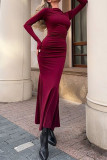 Elegant Solid Color Ruched O Neck Long Dresses