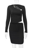 Sexy Solid Color Hollow Out O Neck Wrapped Skirt Dresses