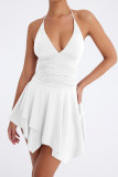 Sexy Solid Color Lace Up Backless Irregular Halter Irregular Dresses
