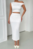 Sexy Solid Color Ruched Sloping Shoulder Two Pieces