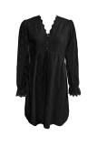 Casual Solid Color Hook Flower Buttons V Neck A Line Dresses