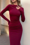 Elegant Solid Color Ruched O Neck Long Dresses