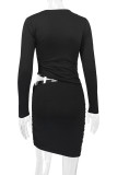 Sexy Solid Color Hollow Out O Neck Wrapped Skirt Dresses