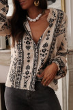 Celebrities Geometric Print Buttons Lotus Leaf Collar Tops