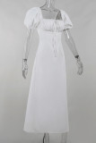 Sexy Solid Color Pocket Lace Up U Neck Long Dresses