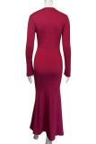 Elegant Solid Color Ruched O Neck Long Dresses