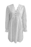 Casual Solid Color Hook Flower Buttons V Neck A Line Dresses