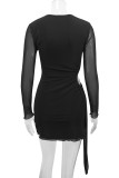 Sexy Solid Color Hollow Out Mesh O Neck Wrapped Skirt Dresses