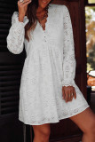 Casual Solid Color Hook Flower Buttons V Neck A Line Dresses