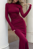 Elegant Solid Color Ruched O Neck Long Dresses