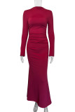 Elegant Solid Color Ruched O Neck Long Dresses