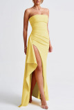 Sexy Solid Color Slit Flounce Strapless Evening Dresses