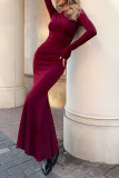 Elegant Solid Color Ruched O Neck Long Dresses