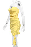 Sexy Solid Color Hollow Out Ruched Flounce Strapless Wrapped Skirt Dresses