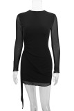 Sexy Solid Color Hollow Out Mesh O Neck Wrapped Skirt Dresses