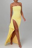 Sexy Solid Color Slit Flounce Strapless Evening Dresses