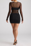 Sexy Solid Color Mesh O Neck Wrapped Skirt Dresses