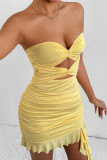 Sexy Solid Color Hollow Out Ruched Flounce Strapless Wrapped Skirt Dresses