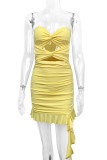 Sexy Solid Color Hollow Out Ruched Flounce Strapless Wrapped Skirt Dresses