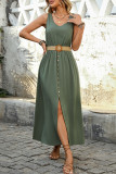 Casual Solid Color Slit With Belt O Neck Vest Dresses