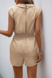 Street Solid Color Draw String Pocket V Neck Loose Rompers