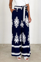 Casual Striped Print Pocket Lace Up Loose High Waist Straight Full Print Bottoms