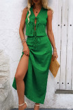 Casual Solid Color Lace Up Slit V Neck Sleeveless Two Pieces