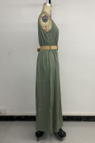 Casual Solid Color Slit With Belt O Neck Vest Dresses