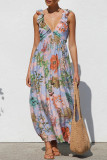 Vacation Geometric Print Flowers Contrast V Neck Long Dresses