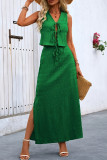 Casual Solid Color Lace Up Slit V Neck Sleeveless Two Pieces