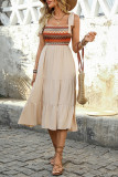 Casual Colorblock Lace Up Weave Flounce Square Neck A Line Dresses