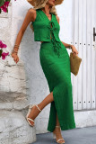 Casual Solid Color Lace Up Slit V Neck Sleeveless Two Pieces