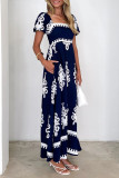 Casual Geometric Print Pocket Contrast Square Neck A Line Short Sleeve Dress