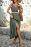 Casual Solid Color Slit With Belt O Neck Vest Dresses