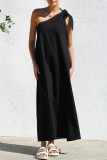 Casual Solid Color Lace Up Irregular Sloping Shoulder Long Dresses