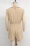 Street Solid Color Draw String Pocket V Neck Loose Rompers
