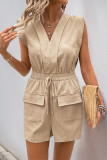 Street Solid Color Draw String Pocket V Neck Loose Rompers