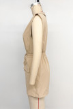 Street Solid Color Draw String Pocket V Neck Loose Rompers