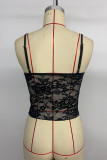 Sexy Solid Color Lace See-Through U Neck Tops