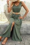 Casual Solid Color Slit With Belt O Neck Vest Dresses