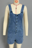 Casual Solid Color Pocket Buttons U Neck Loose Rompers